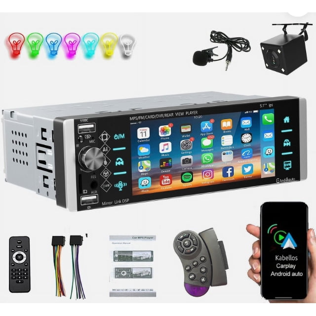 Autorradio 1 DIN Inalámbrica Carplay Android Auto USB AUX Bluetooth + Micrófono Cámara