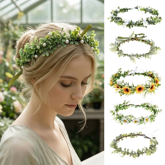SmartBy Bridal Flower Crown Fairy Style Flower Crown Artificial Flowers Eucalyptus Leaf Chaplet Head Wreath for Weddings Beach Vacation Photo Props