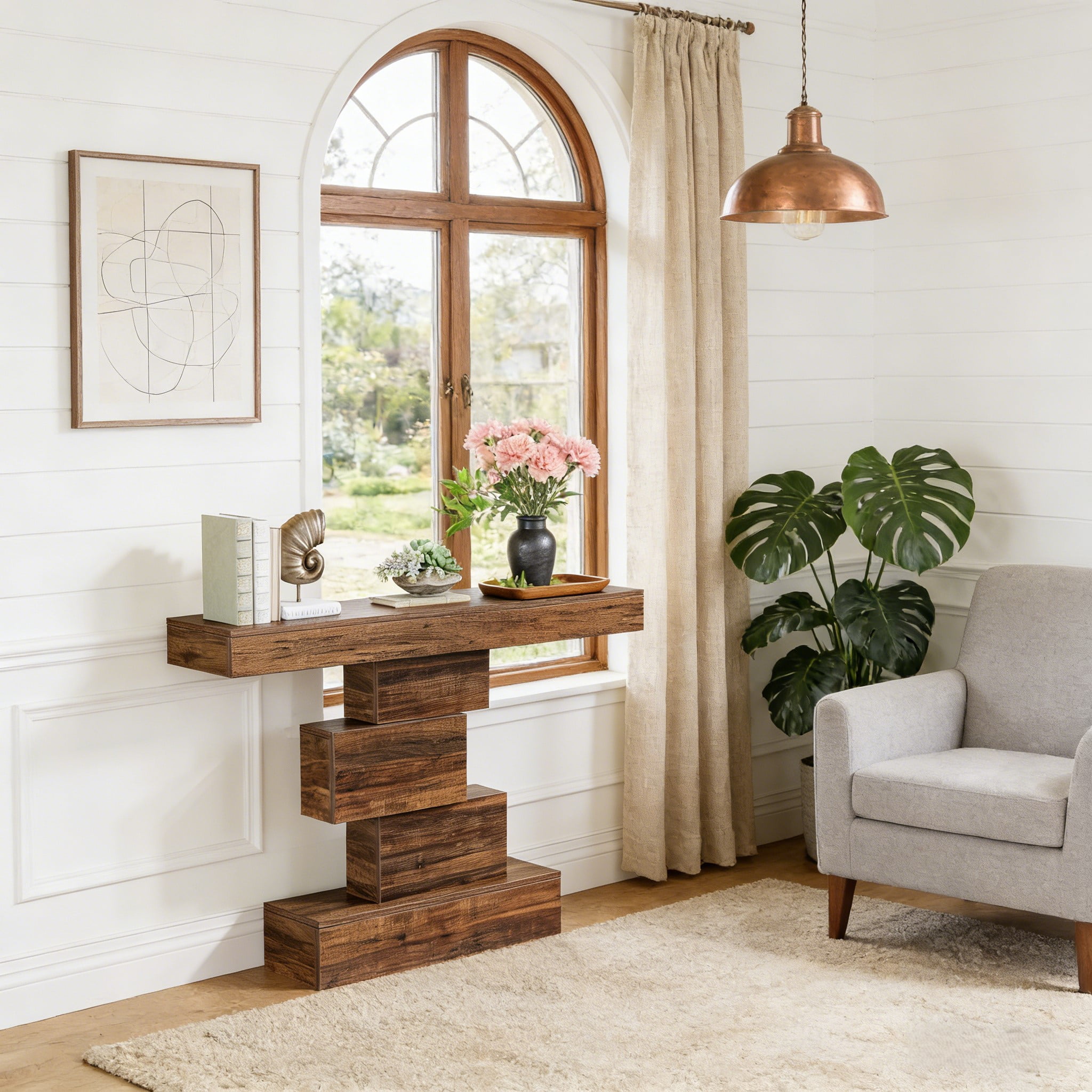 Fnova 42.5" Farmhouse Console Table, Wood Sofa Table with Geometric Storage, Narrow Accent Table for Living Room, Entryway, Hallway