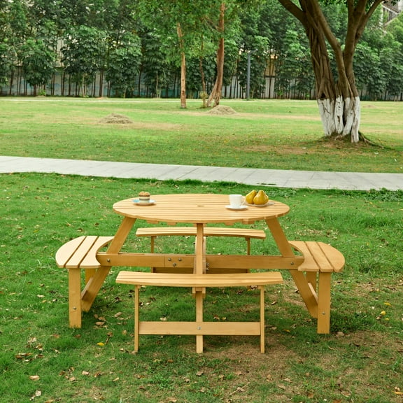Outdoor 8 Person Round Picnic Table With 4 Built-in Benches, Umbrella Hole, For Garden, Backyard, Porch, Patio, 2 Color