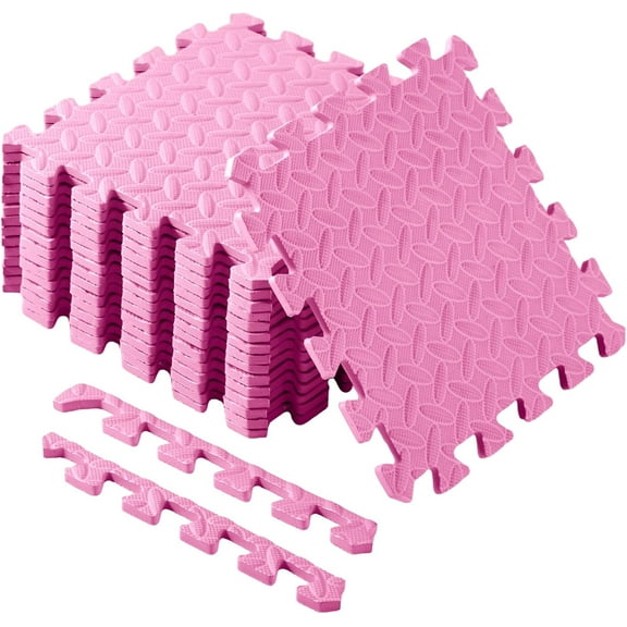 16 Pcs Foam Floor Baby Tiles 11.81 x 11.81 inches Foam Floor Mats Play Mats Bulk with Borders Interlocking for Kids Baby Playroom Nursery Gym(Light Pink)
