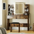 thumbnail image 4 of GloryStar Vanity Desk with Lighted Mirror, Makeup Vanity Set with Power Outlet, Cushioned Stool, Vanity Table with 6 Shelves, 2 Large Drawers, and 3 Color Light Adjustable Brightness, 4 of 7