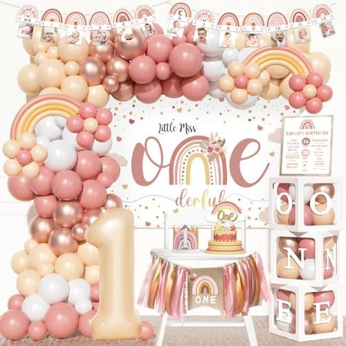 Boho Rainbow 1st Birthday Decorations, 123PCs - Onederful 1st Birthday Party Supplies with Little Miss Onederful Backdrop, Balloon Garland, Banner, Cake Topper, Poster, Crown