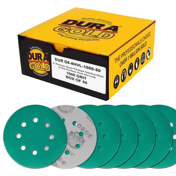 Dura-Gold Premium 1000 Grit 5" Green Film Sanding Discs, 8-Hole Pattern, Box of 50 - Dustless Hook & Loop Backing Sandpaper for DA & Random Orbital Sander, Detail Color Sand Auto Paint