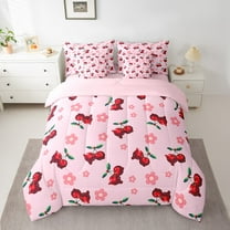 Erosebridal Girly Bowknot Bed in a Bag Queen size, Pink Floral Bed Set, Cute Cherry Decor, Reversible 7 Pieces