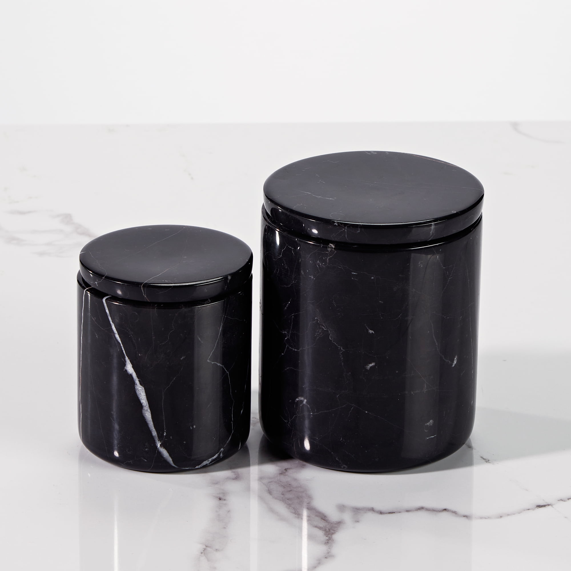 Natural Round Black Marble Canister 5.07 inch L × 5.07 inch D × 5.26 inch H, Sturdy Qtip Holder Dispenser with Lid for Cotton Swab, Pads,Floss Picks,Balls Organic Vanity Makeup Storage