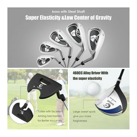 Men' Complete Golf Club Set - 10 Piece Set with Stand Bag - Aluminum Driver, Fairway Wood, Hybrid, Irons & Putter - For All Skill Levels - Gray