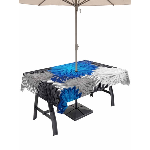 52x70 Inch Outdoor Tablecloth with Umbrella Hole Zipper Rectangle Blue Black Grey Flowers Rectangular Tablecloths Waterproof Boho Colorful Floral Plant Patio Table Cloth Cover for Picnic Party