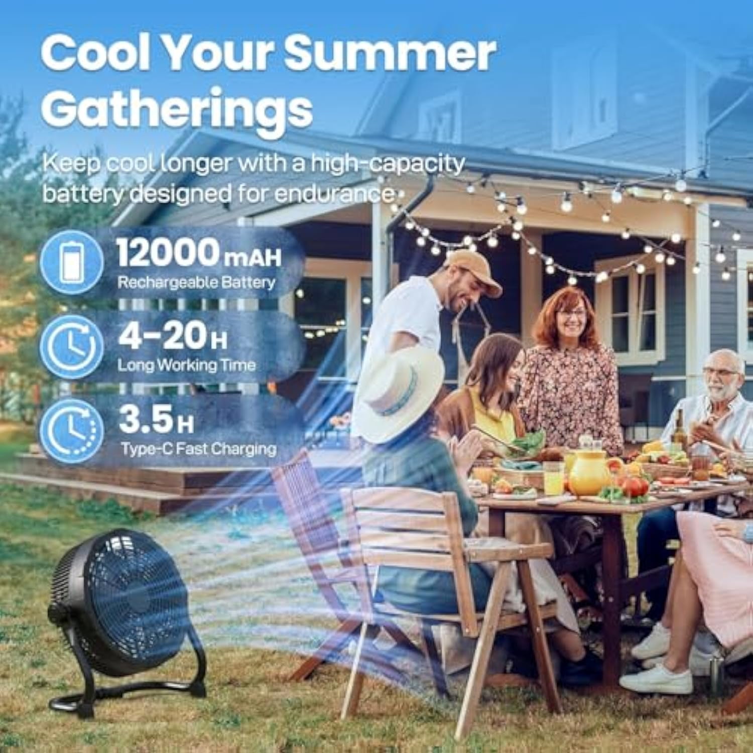 Ecotronic Rechargeable Battery Powered Fan, 10-Inch Cordless Portable Floor Fan with LED Display, 9 Speeds, USB/Type-C Charging, Emergency Power Bank for iPhone, Camping & Power Outage Use, Black