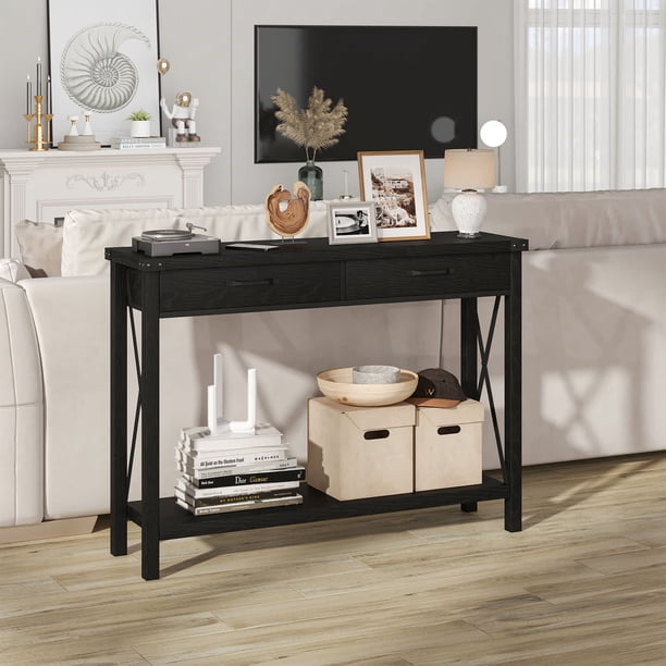Qinaqin 43 inch Slim Moderno Madera Console Mesa con 2 Cajones para cm de Alturaallway Living Sala y Behind Sofá (Black Color)
