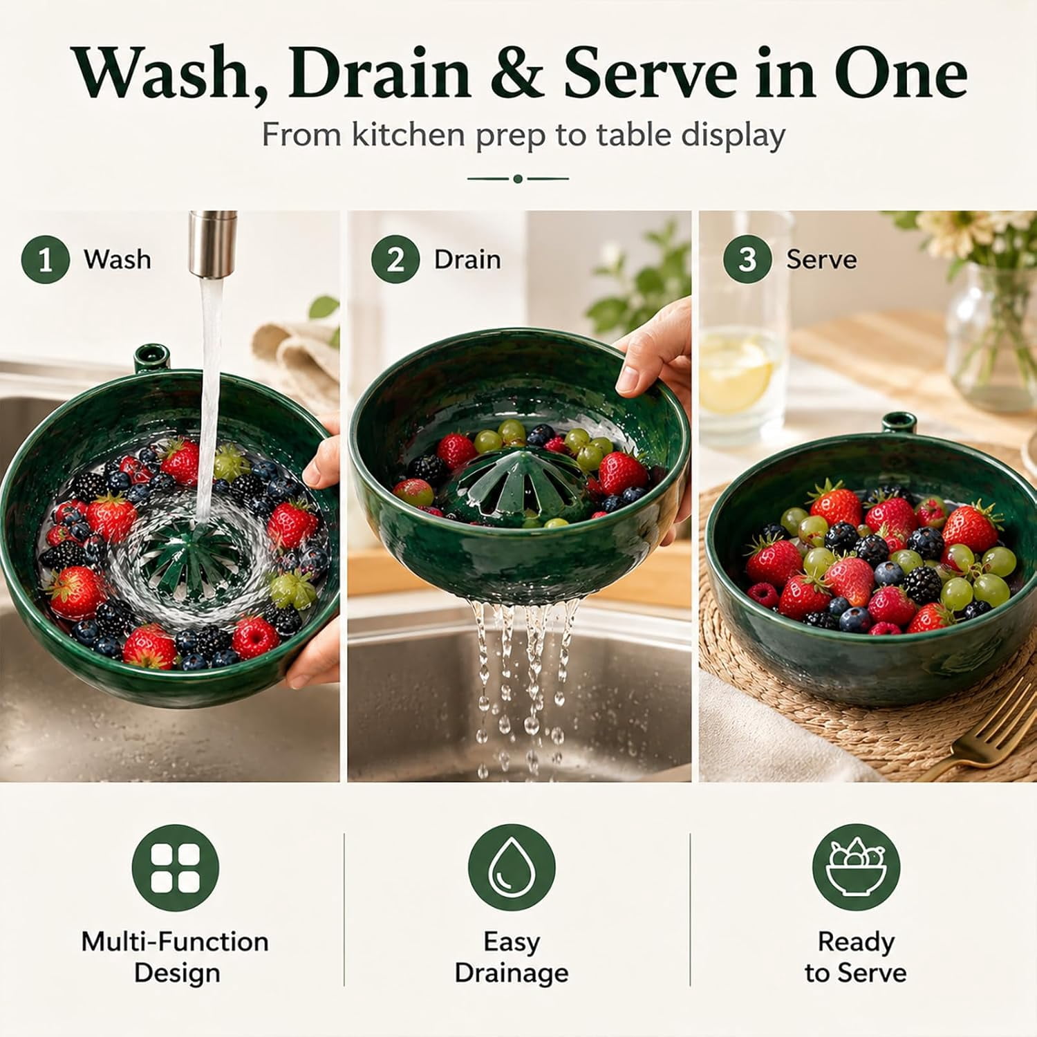 Ceramic Berry Washing Bowl with Water Vortex Design, Self Spinning Fruit Washer & Colander, Forest Green Glazed Berry Cleaner Bowl for Grapes, Blueberries, Strawberries & Small Produce (Green)