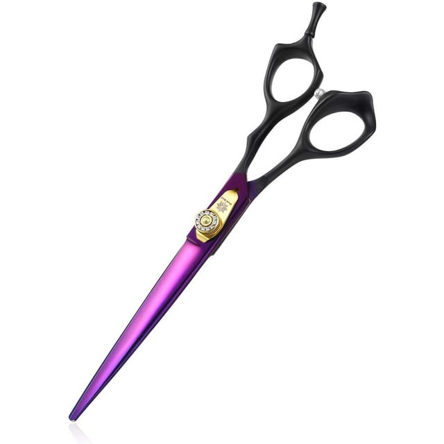 Dream Reach 7.0 inches Professional Decompressed Elastic Handle Pet Grooming Scissors Set,Straight & Chunker & 2 Curved Scissors 4pcs Set for Dog Grooming (Purple) (Cutting Scissor)