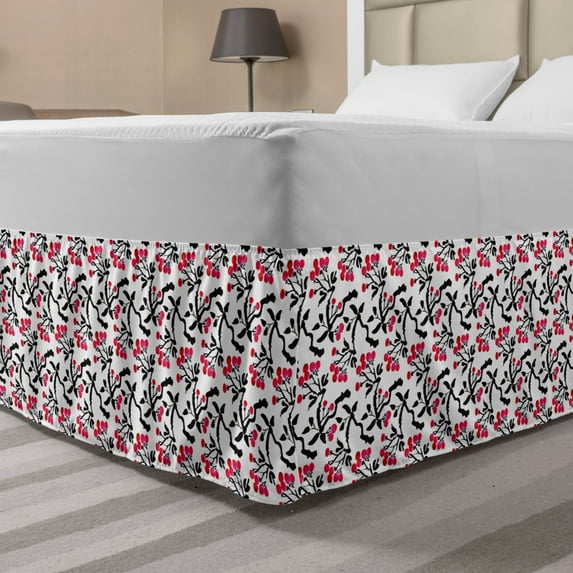 Botanical Bed Skirt, Composition of Berries on Twigs and Leaves Botanical Artwork, Elastic Bedskirt Dust Ruffle Wrap Around for Bedding Decor, 4 Sizes, Dark Pink and Charcoal Grey, by Ambesonne