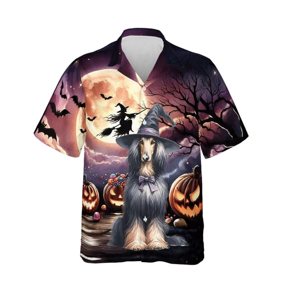 Spooky Halloween Night Witch Afghan Hound Glowing Pumpkins Hawaiian Shirt Breathable Summer Unisex Merch Dog Lover - 12015