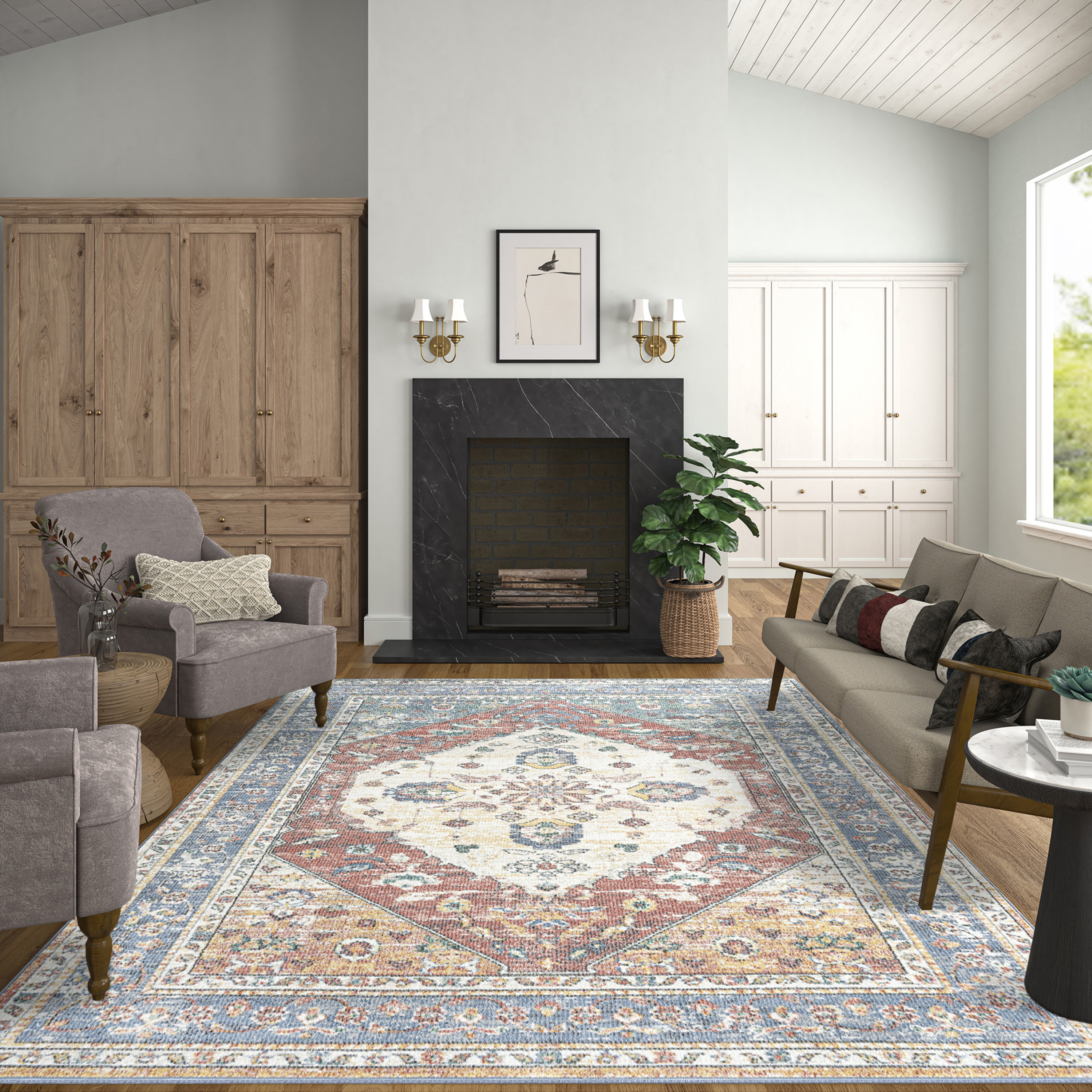 Addison Traditional 5' x 7' Cream and Blue Polypropylene Indoor Area Rug