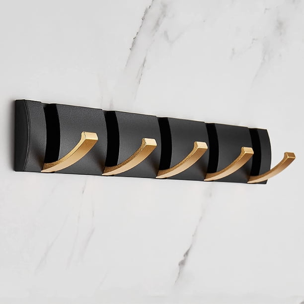 Perchero de pared plegable con 5 ganchos, ahorra espacio, ganchos para toallas negros y dorados para baño, dormitorio, pasillo, sombreros, bufandas, paraguas y más.