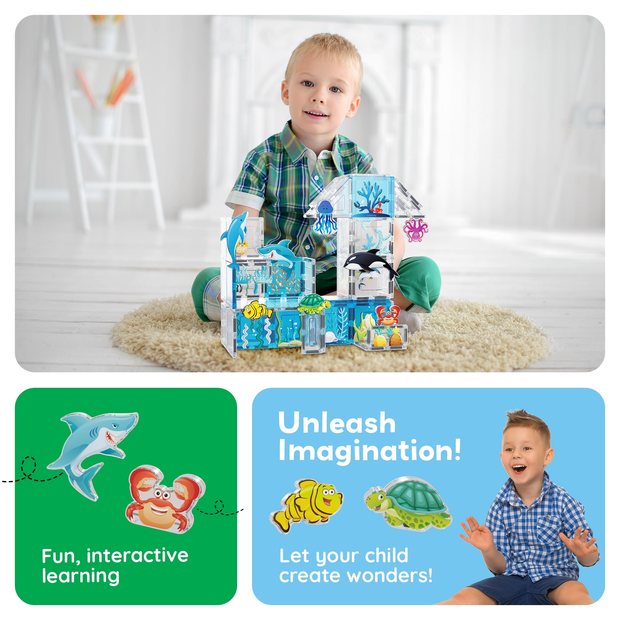 PicassoTiles Magnetic Tiles for Kids – Marine Animal Theme 52PCS STEM Construction Building Blocks Educational Toy