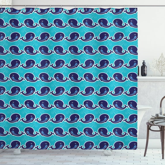 Whales Shower Curtain, Cartoon Style Big Mammal Beach Ocean Fish Blowhole Curlicue Water Expel, Fabric Bathroom Set with Hooks, 69W X 70L Inches, Deep Sky Blue Indigo, by Ambesonne