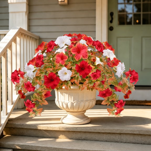 Lumikrypt 2 Pack Artificial Fall Flowers, Fake Petunias Plants for Outdoor, Silk Faux Flowers UV Resistant No Fade Plants for Garden Porch Decor, Orange White