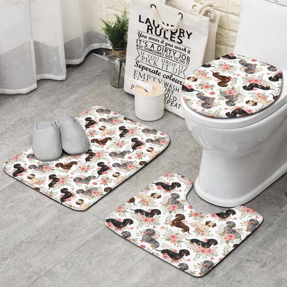 Dachshund and Rose White Pattern 3 Piece Bathroom Rug Set, Non Slip Absorbent Bath Mats with U-Shaped Contour Rug and Toilet Lid Cover
