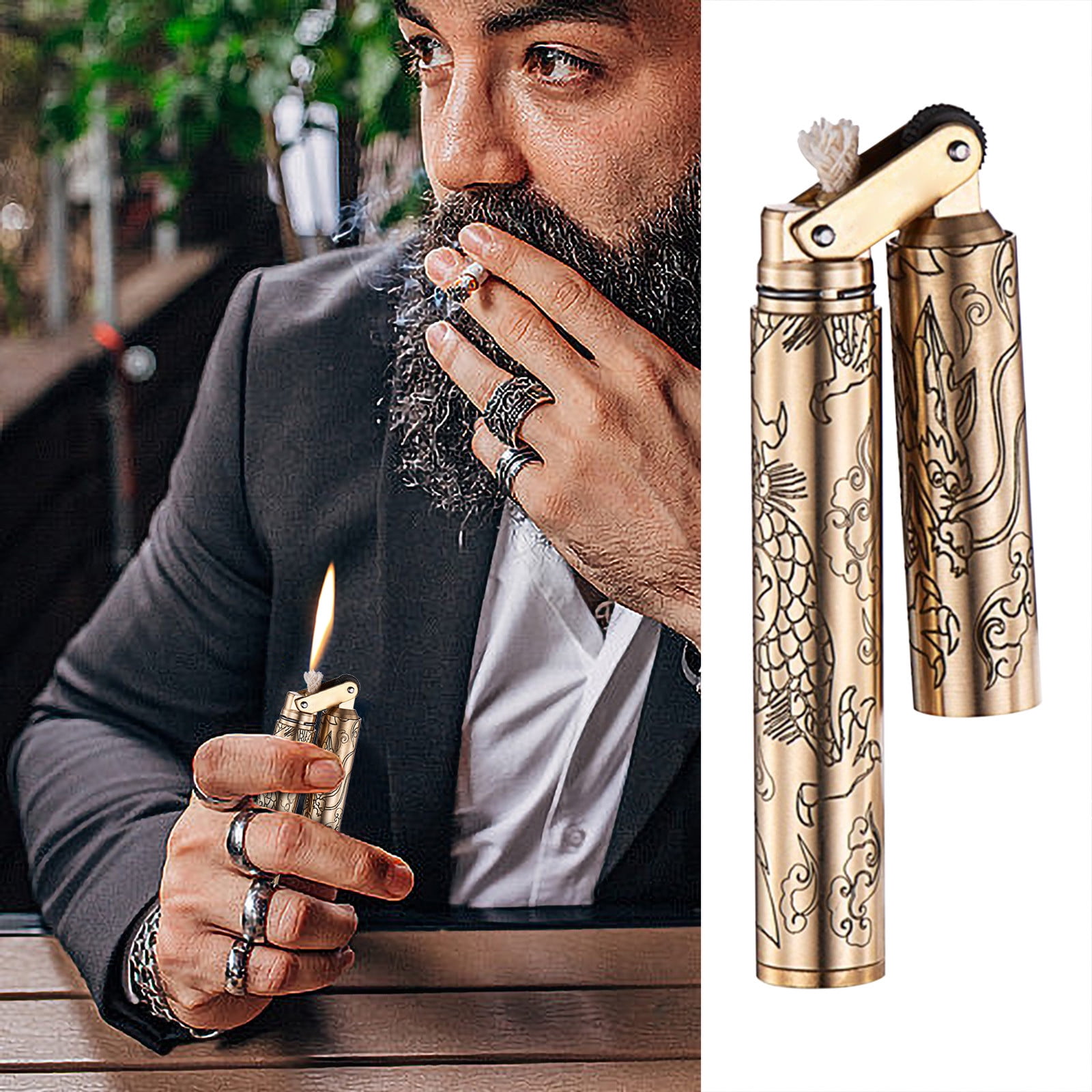 Uscallm Personalized Vintage Brass Kerosene, Personalized Slim Mini Vintage Lighter, Unique Brass Double Cut Stick Design, Portable Pocket Flame Gadget, Trendy Retro Fire Starter Gift