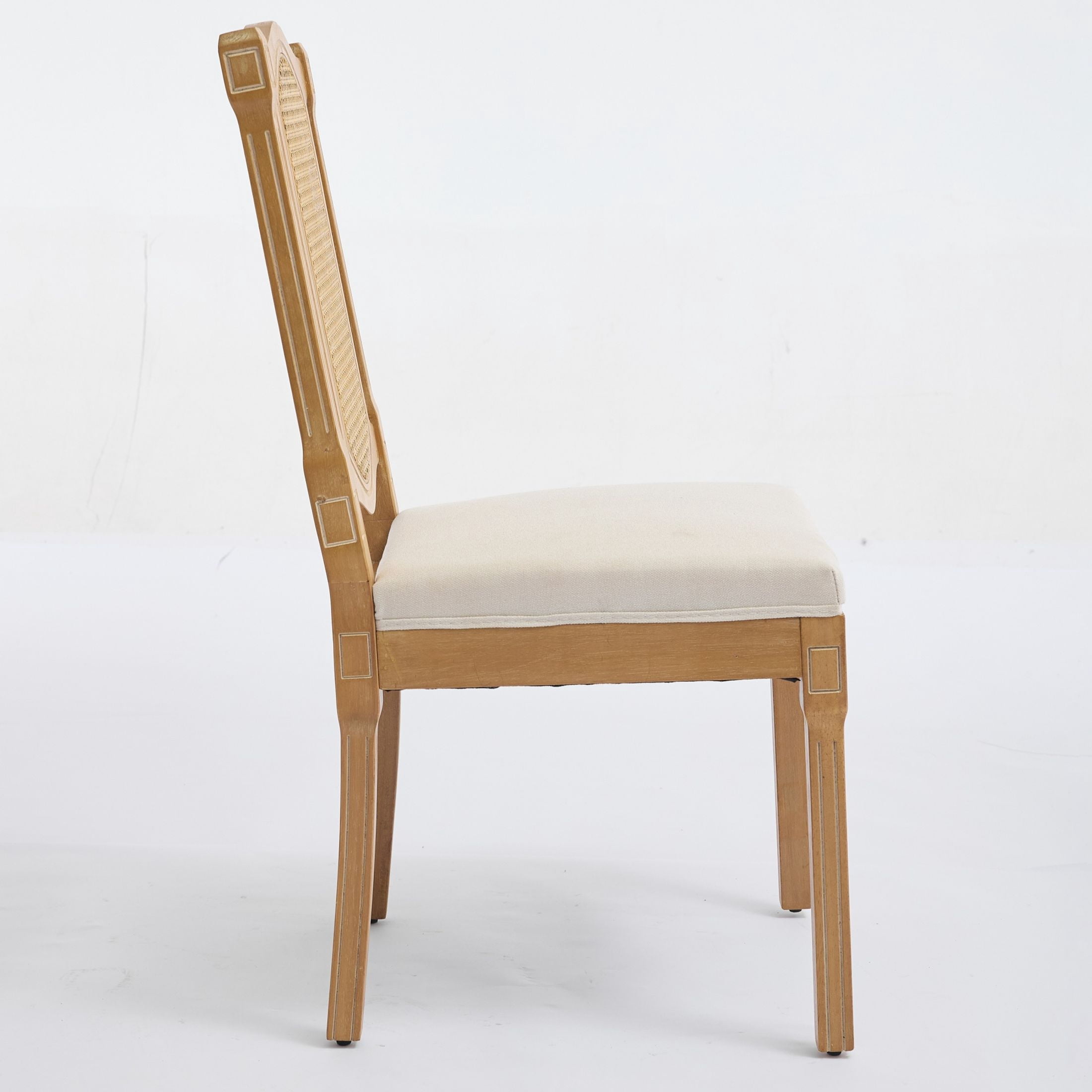 Noble House Set of 2 Rattan-Back Dining Chairs, Linen Seat, Solid Wood Frame, Beige