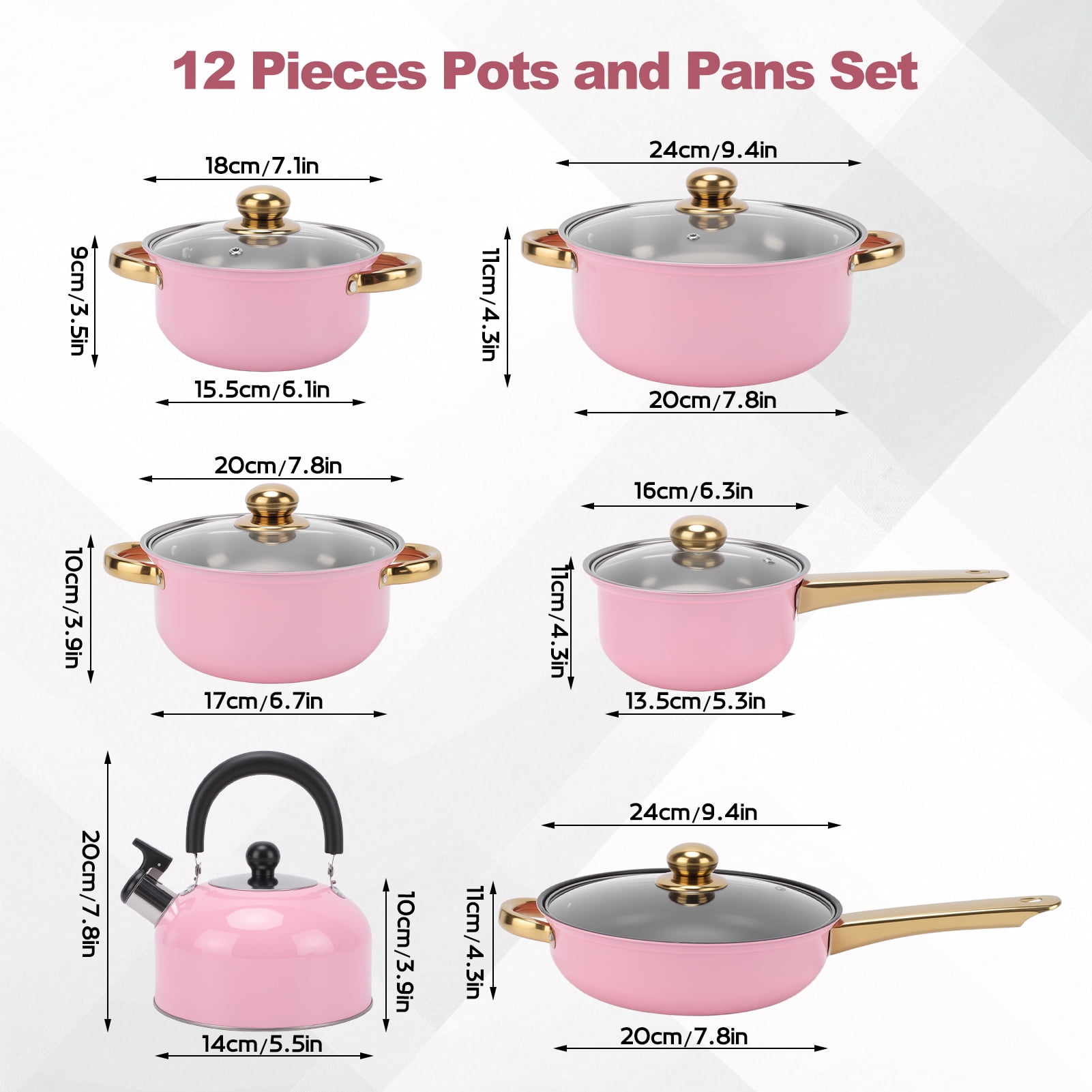 12 Piece Stainless Steel Cookware Set, Nonstick Cookware Set, Kitchen Pots and Pans Tea Kettle Set with Glass Lid for Cooking, Dishwasher, Pink