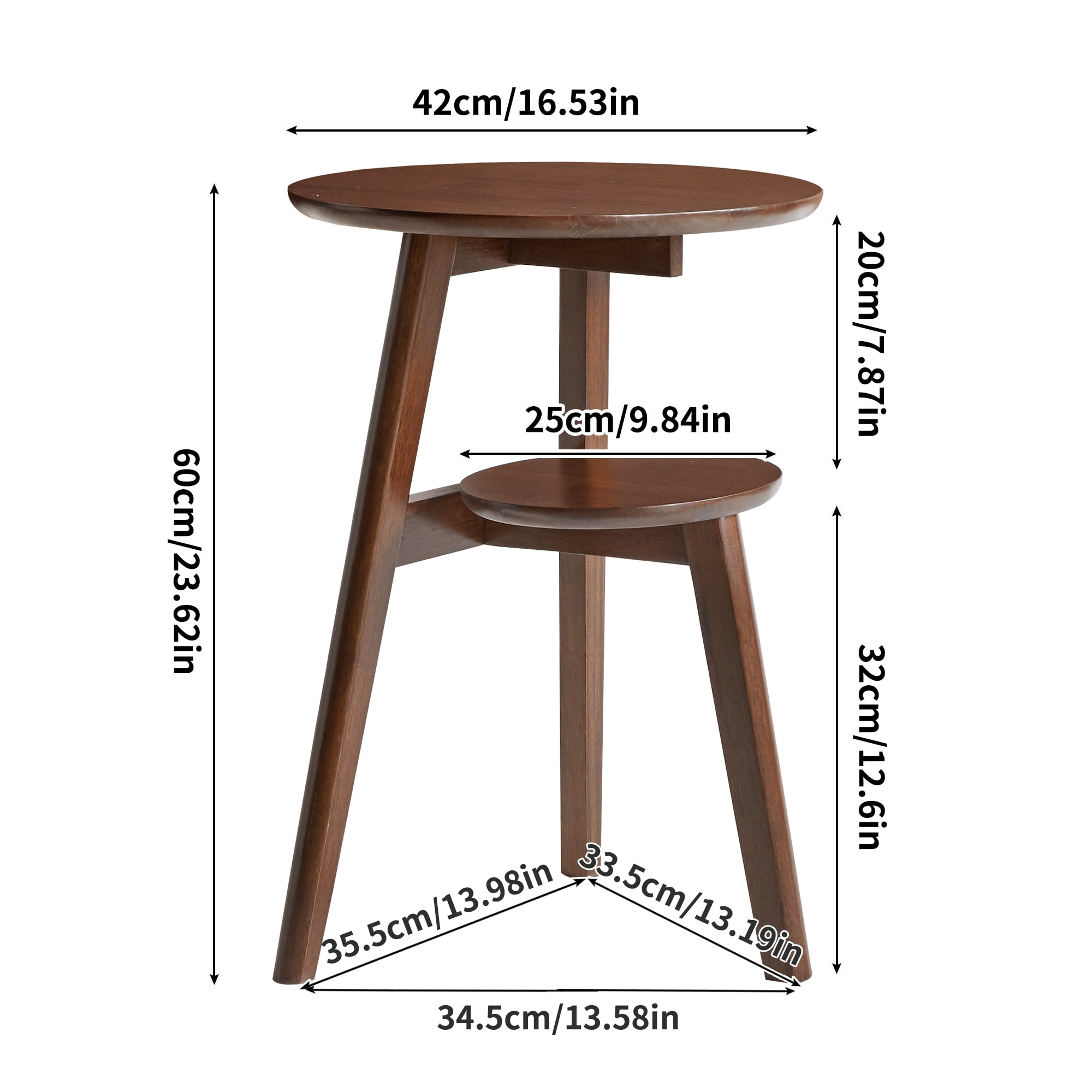 GARITIN 100% Solid Wood 2-Tier Side Table, Round End Table with Lower Storage Shelf, Sofa Side Table & Bedside Table for Living Room Bedroom, Walnut