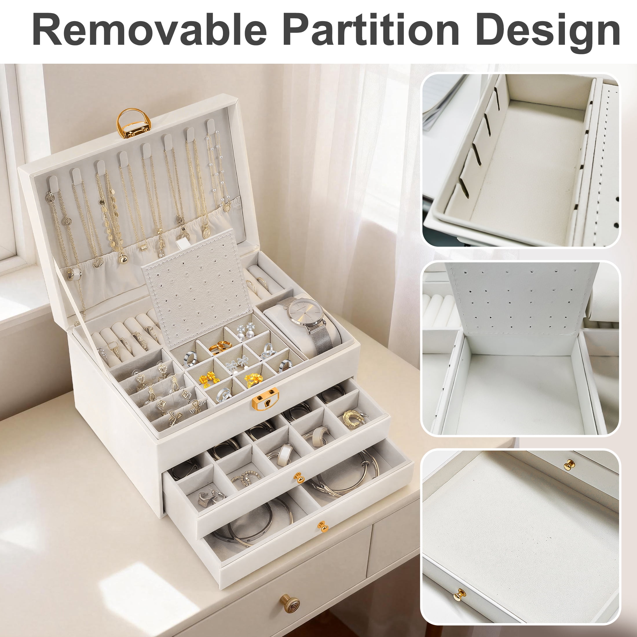 Jewelry Box Organizer for Women Girls, PU Leather Jewelry Organizer Storage, 2 Layers Jewellery Case Holder for Earrings Bracelets Rings Watches, White