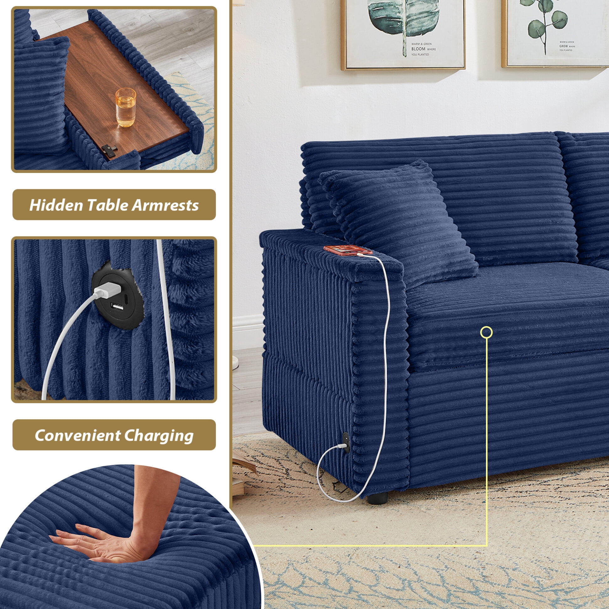 68" Double Chaise Lounges Indoor, Chenille Upholstered Loveseat Sofa Bed with Charging Station, Hidden Table Armrests and Storage Ottomans for Living Room, Blue