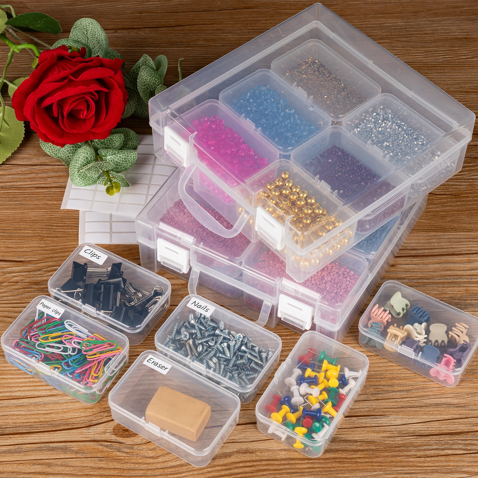 Rectangle Storage Boxes with Hinged Lids,Clear Bead Storage Containers, 12 Small Plastic Bead Organizer Box,Clear Bead Storage Containers for Seeds Beads Jewelry Crafts Small Items (2 Pack)