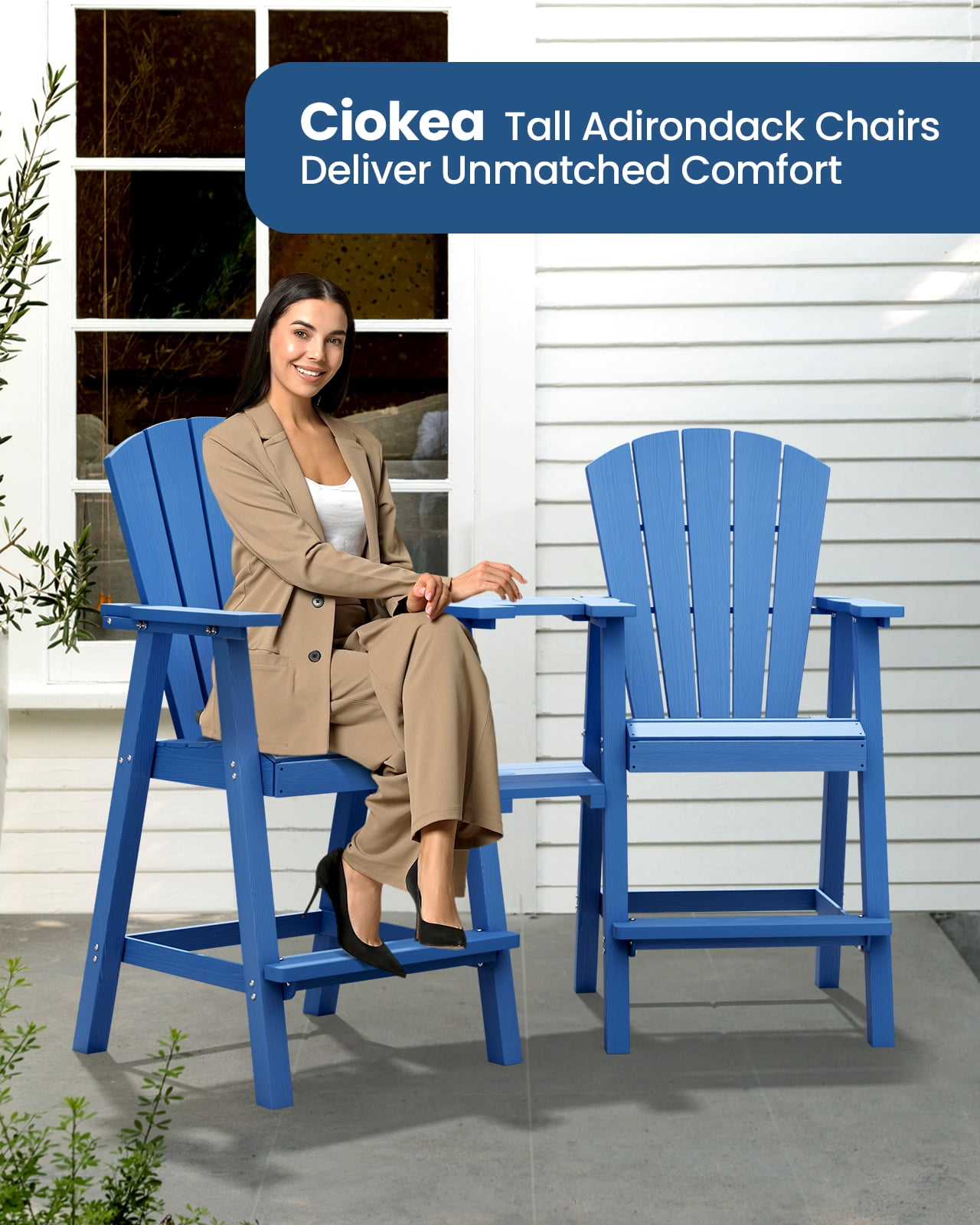 CIOKEA Tall Adirondack Chair Set of 2, All Weather HDPE Patio Chairs with Double Removable Connecting Trays for Balcony, Deck, Backyard, Patio, Garden, Blue