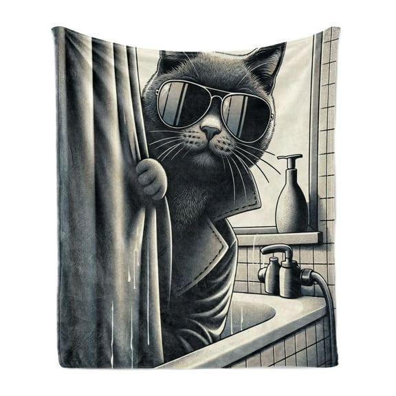 Ambesonne Cat Fleece Throw Blanket Cool Detective Kitty Monochrome 50"x70" Dark Grey Pale Sepia