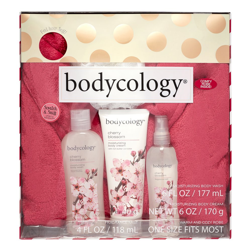 Bodycology Warm and Cozy Bath Robe and Bath Gift Set, Cherry Blossom, 5 Pieces