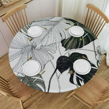 

FUMJ Leaves Flower Detailed Drawing Round Table Cloth 100% Polyester Fiber 54 -58