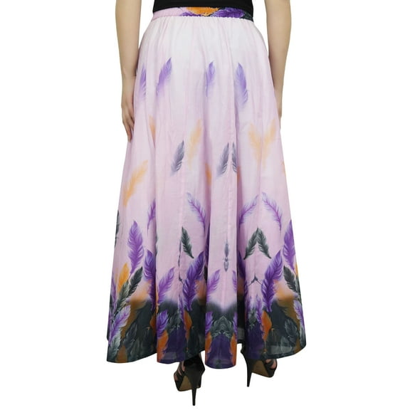 Bimba Women's Purple Feather Printed Cotton Elastic Waist Summer Long Skirt-S