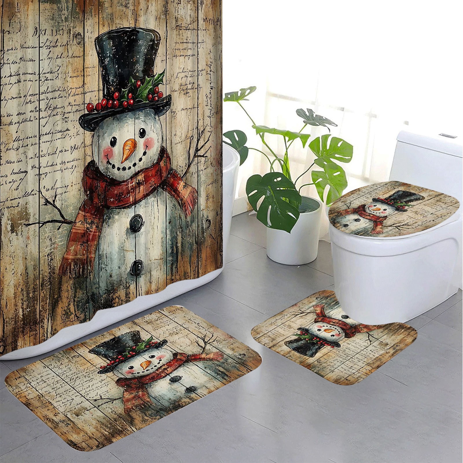 Costeam Christmas Shower Curtain Set with Santa Pattern, Waterproof Bathroom Decor with Holiday Theme for Xmas Party Background Decoration