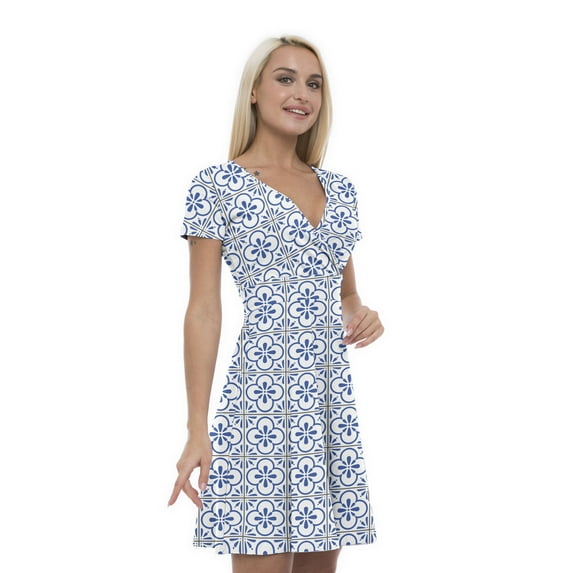 Women’s A Line Portuguese Summer Dress, Retro Triangle Arrangement, Cross Wrap V Neck, 6 Sizes, by Ambesonne
