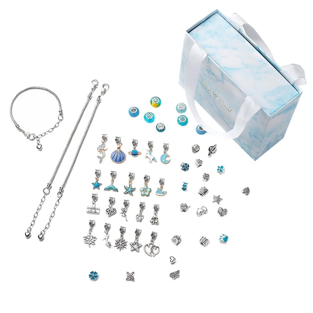Kit de 63 piezas para hacer pulseras con dijes, cuentas de metal, pulseras con dijes hechas a mano para niñas, regalo de Navidad y San Valentín. Azul
