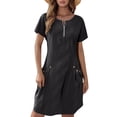 thumbnail image 2 of Tshirt Dress Women Cotton Linen Short Sleeve Crewneck Quarter Zip Midi Dress Casual Summer Dress with Pockets, 2 of 5