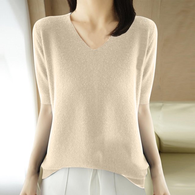 Puntoco Suéter de punto para mujer, camisa básica, manga corta, cuello en V, top de moda