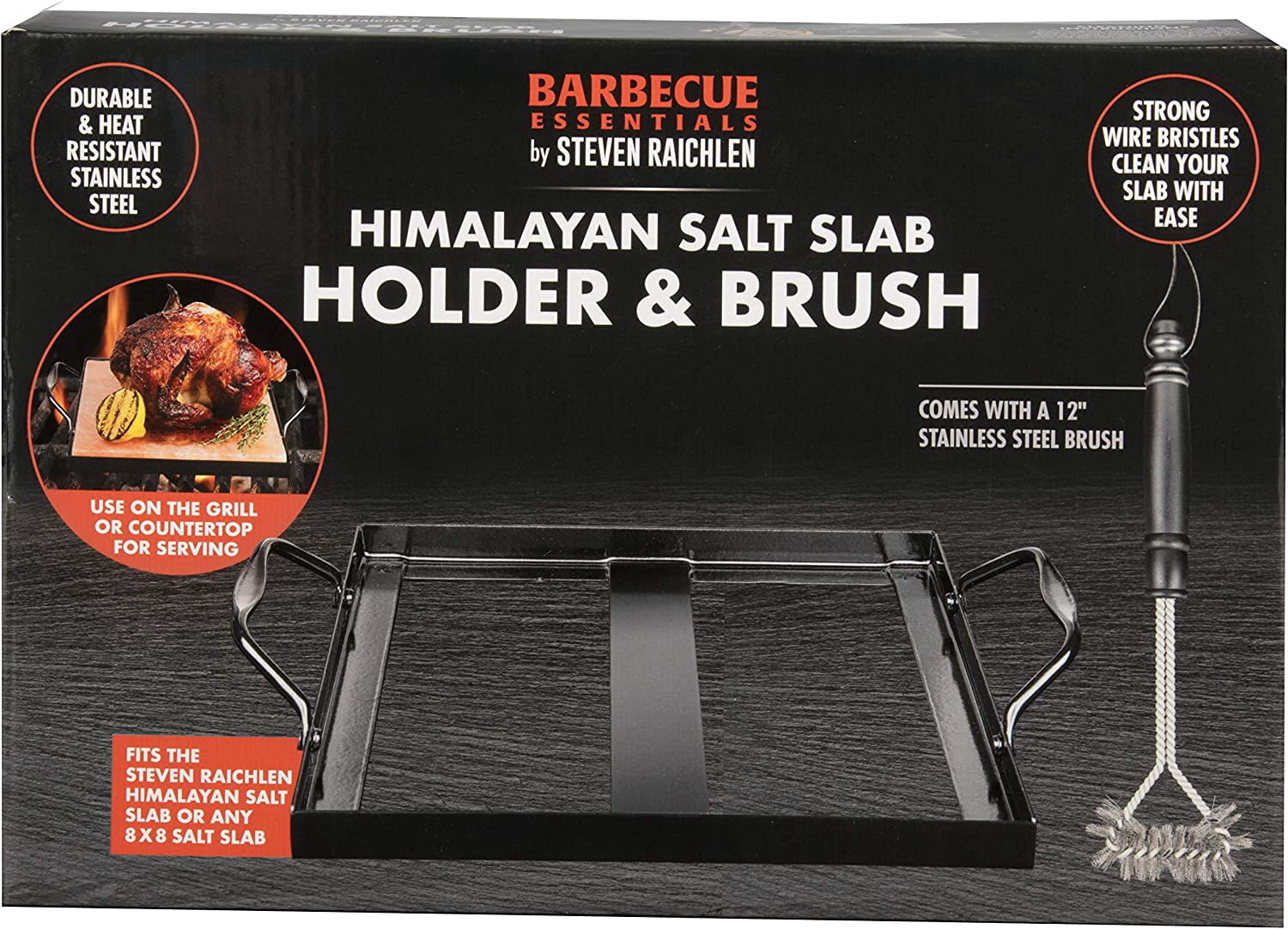 Steven Raichlen Himalayan Salt Block Holder & Wire Cleaning Brush- Safe & Easy Salt Slab Plate and Grilling Stone Brush, Compatible with (8"x8") Salt Block - Grilling Tools & accessoires