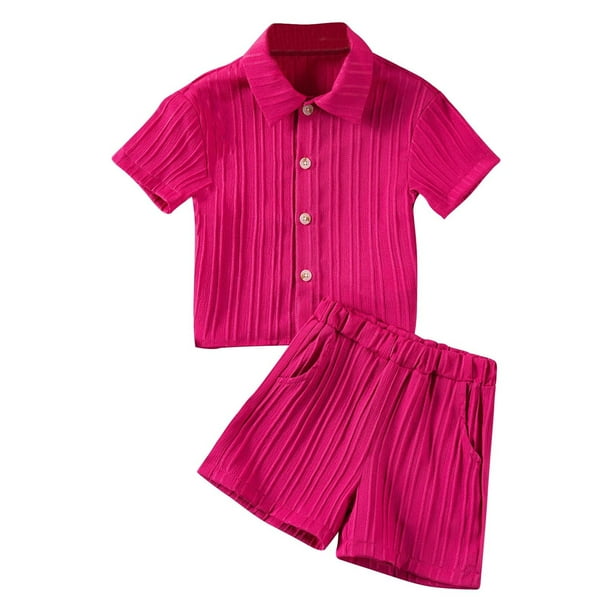 Odeerbi 0-6 Años Niños Niñas Verano Conjuntos Rib Knit Algodón Manga Corta Camisa Pantalones Cortos Set Cuello Botón Top Cintura Elástica Pantalones Cortos Two Piece Set
