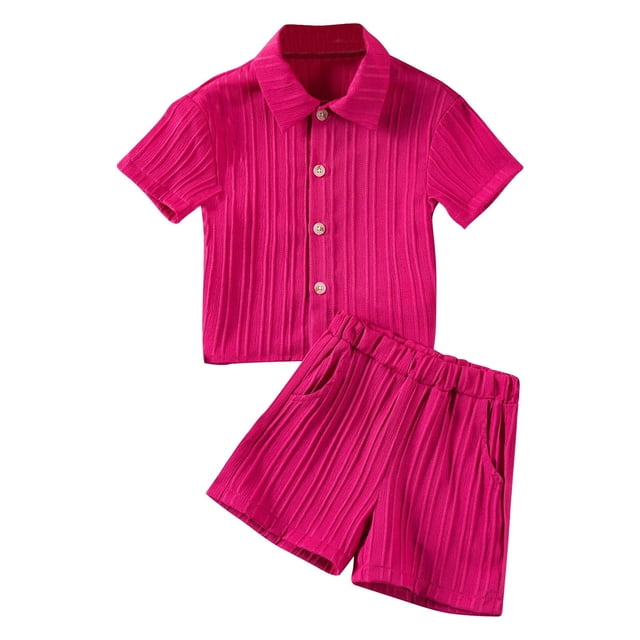 Odeerbi 0-6 Años Niños Niñas Verano Conjuntos Rib Knit Algodón Manga Corta Camisa Pantalones Cortos Set Cuello Botón Top Cintura Elástica Pantalones Cortos Two Piece Set