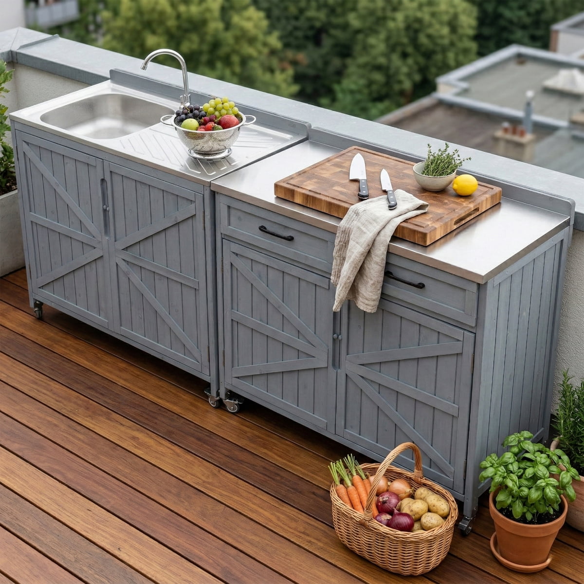 39.4" Outdoor Kitchen Island with Stainless Table Top, Outdoor Storage Kitchen Cabinet with One Large Drawer, Adjustable Shelves, Internal Storage Racks & 4 Wheels for Pizza Prep, Grey Blue