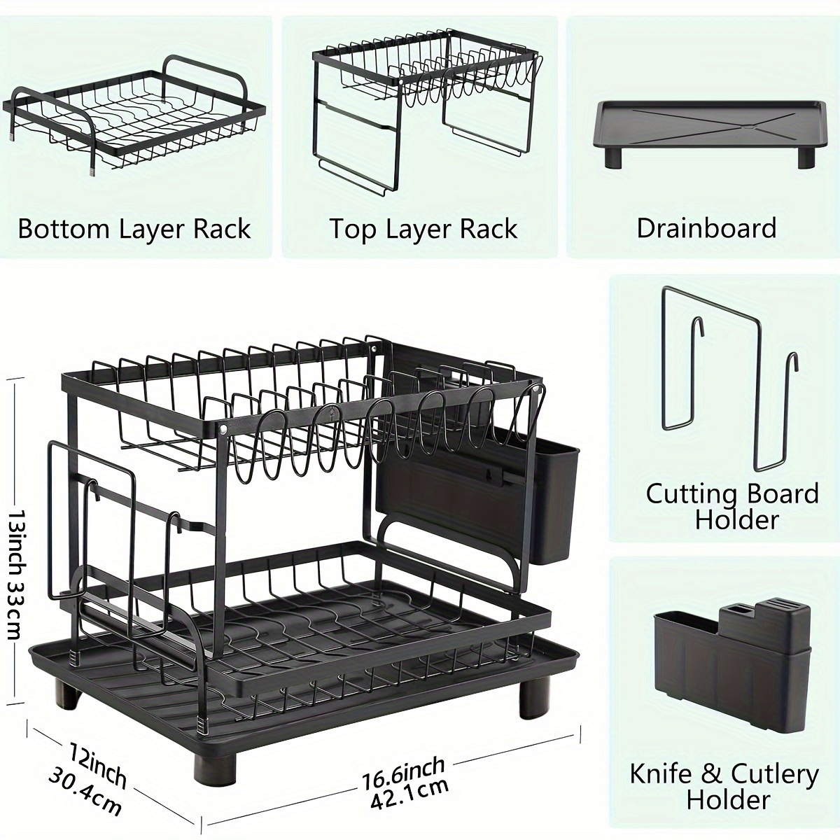 2 Tier Dish Drying Rack for Kitchen Counter, Black Metal Dish Drainer with Drainboard, Two-Level Kitchen Dish Holder Drainage