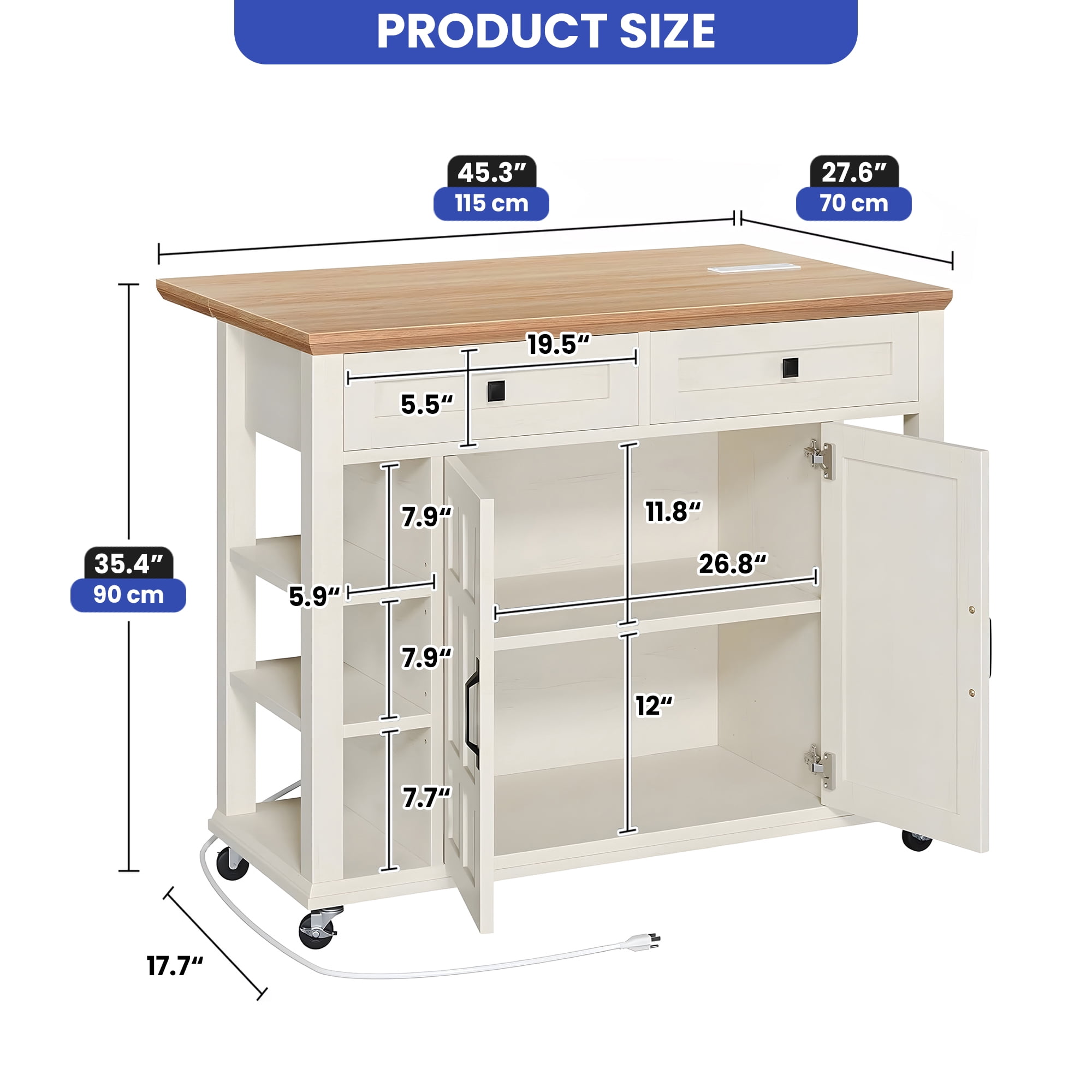 ModFusion 45" Kitchen Island Cart Drop Leaf Power Outlet Rolling Storage Cabinet Drawers Side Shelves