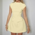 Cap Sleeve Mini Dress for Women Mock Neck a Line Zipper Fake Pockets