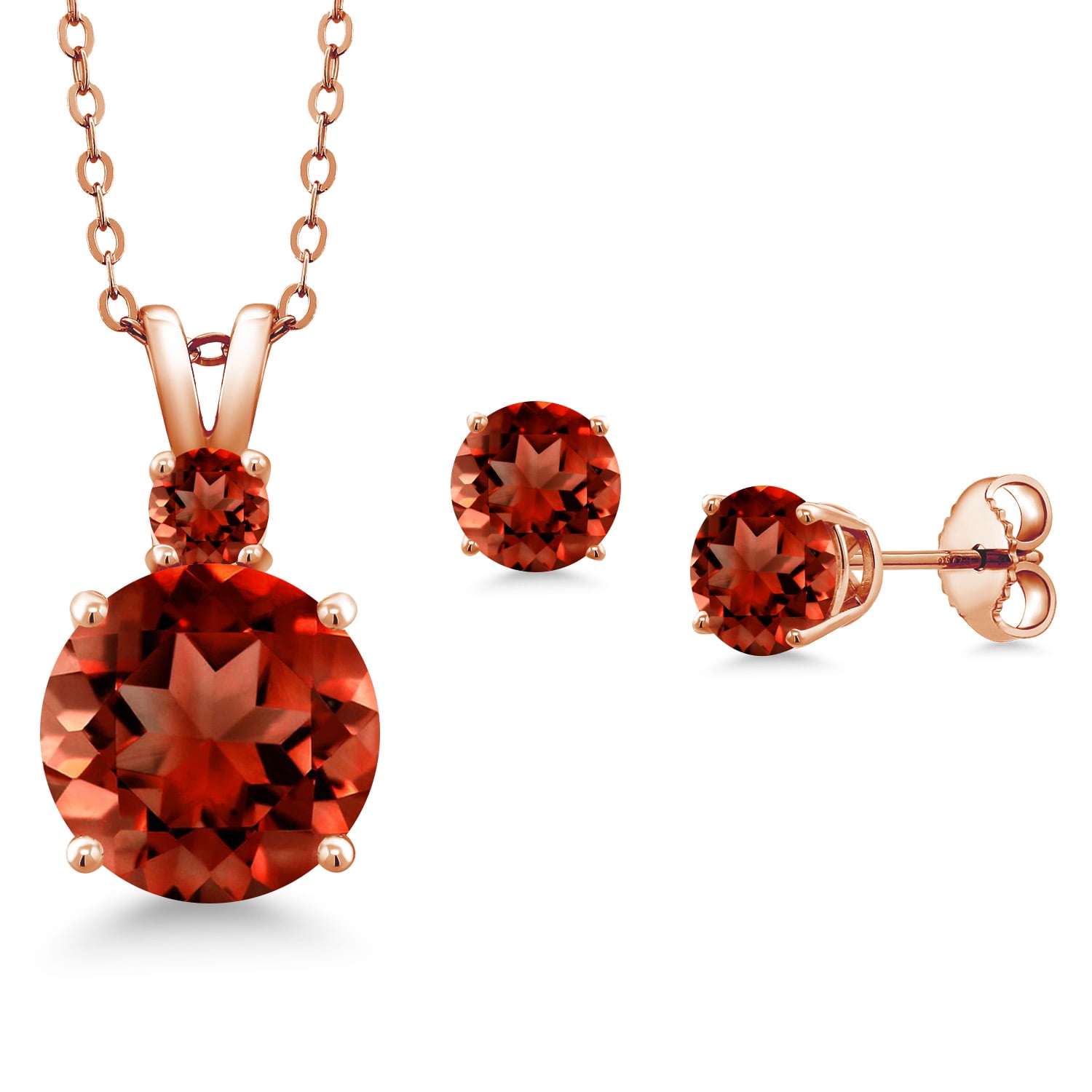 Gem Stone King 18K Rose Gold Plated Silver Round Red Garnet Pendant and Earrings Jewelry Set for Women (5.80 Cttw, Gemstone Birthstone, with 18 inch Chain)