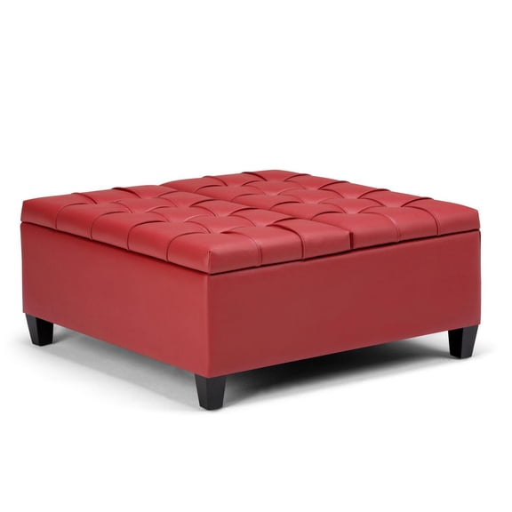 Charm Wide Transitional Coffee Table Storage Ottoman, 36 In W, Crimson Red Vegan Faux Leather, Large Storage, Solid Wood, Sturdy Frame, Multi-Functional Design